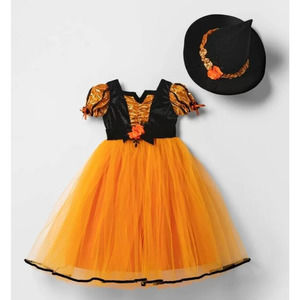 NEW Girls Orange & Black Witch Halloween Costume Dress & Hat Large Ages 3 & Up
